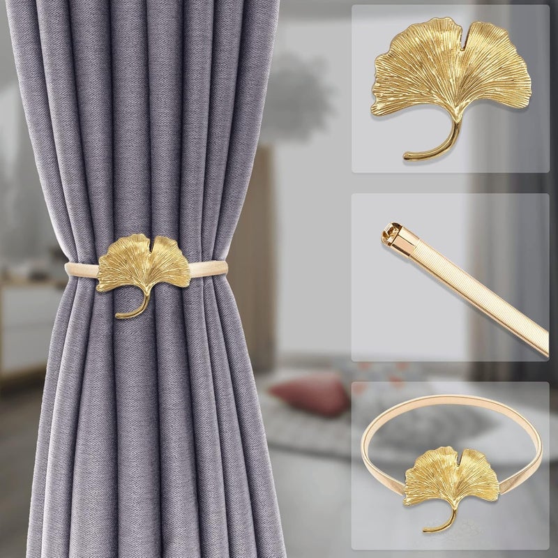 LLPMutu 4Pack Aluminum Alloy Spring Design Curtain Tiebacks - Leaf Carving Design Curtain Ties for Drapes - Modern Style Holdbacks (Gold Ginkgo) - Image 2
